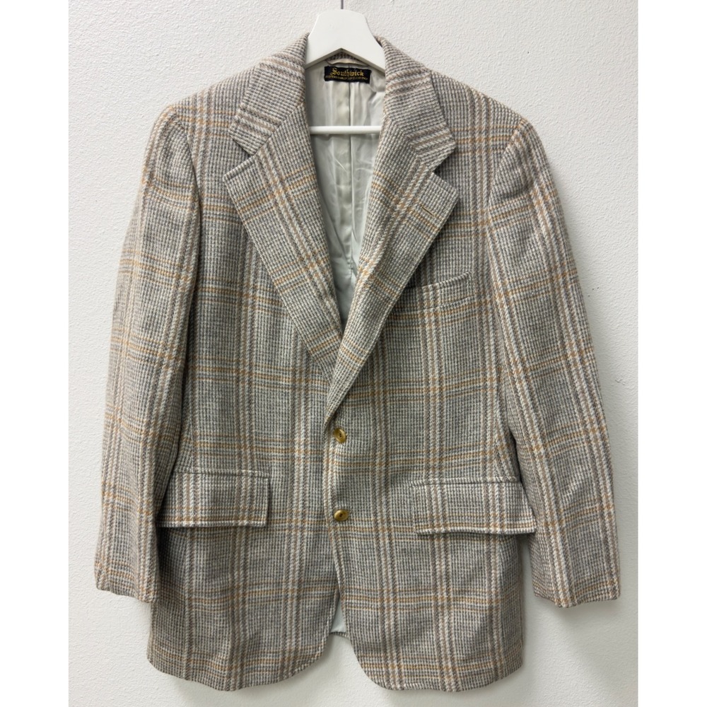 Southwick Plaid Blazer Mens 42 Grey Tan Vintage 2-Button Sport Coat Good USA